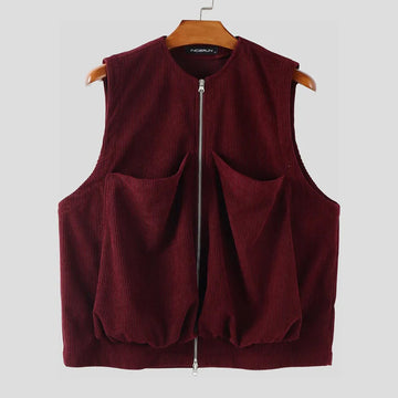 AIDASE  -  Men Vests Solid Color Sleeveless Zipper Casual Male Waistcoats Streetwear Loose 2025 Pockets Fashion Corduroy Vests Men aidase-shop